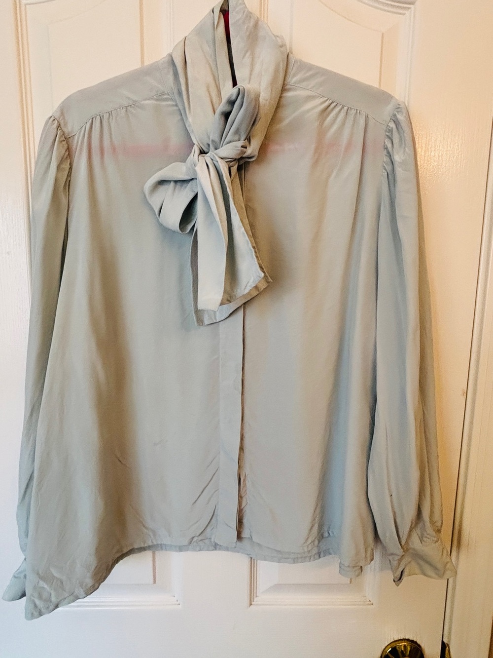Light Blue Silk Vintage Long Sleeve Blouse with Large Bow at Neck